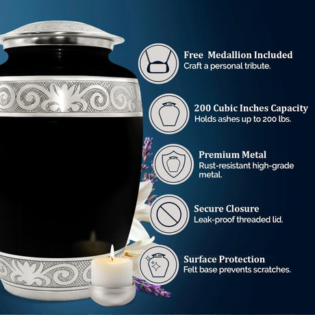 Cremation Urn for Ashes Adult Male - Large Funeral Urns for Human Ashes Adult Man with Velvet Bag - Holds Upto 200lbs - A Dignified Memorial to Honor Your Loved One (Midnight Black, Large)