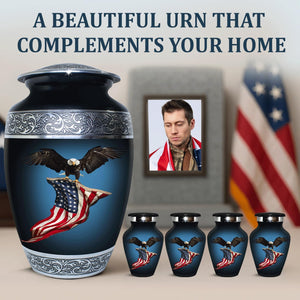 Cremation Urn for Ashes Adult Male - Hand Engraved Funeral Memorial Urns - Featuring 1 American Flag Large Urn with 4 Matching Small Urns with Bags (Black, Set of 5)