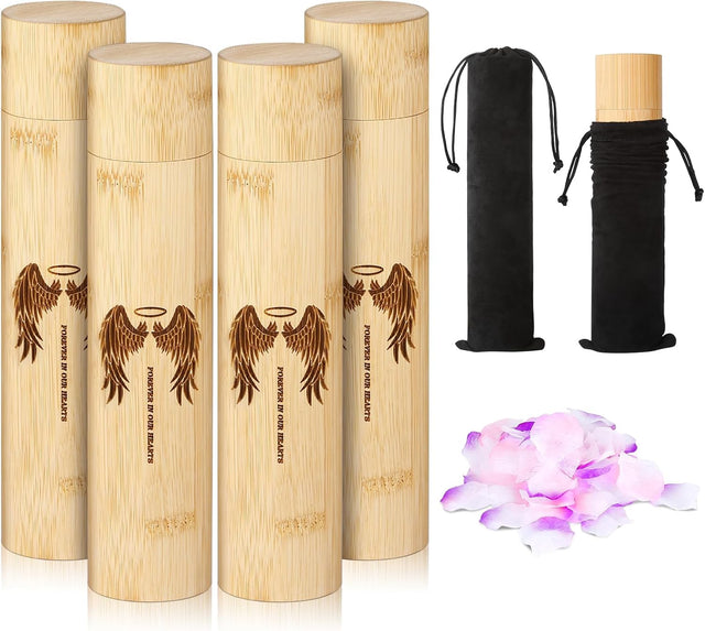 Bamboo Scattering Urns for Human Ashes,Eco Friendly Biodegradable Urn for Human Ashes,9''x2'' Small Scattering Tubes for Human Adult Ashes (Set of 4,Angel Wings Pattern)