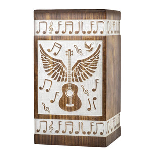 INTAJ Small Wooden Cremation Urns for Human Ashes Adult Male 20 Cubic Inches - Keepsake Urn for Ashes for Women & Men - Angel Wings Guitar Design, Wooden Carved Urn Box, Suitable for Burial & Funeral