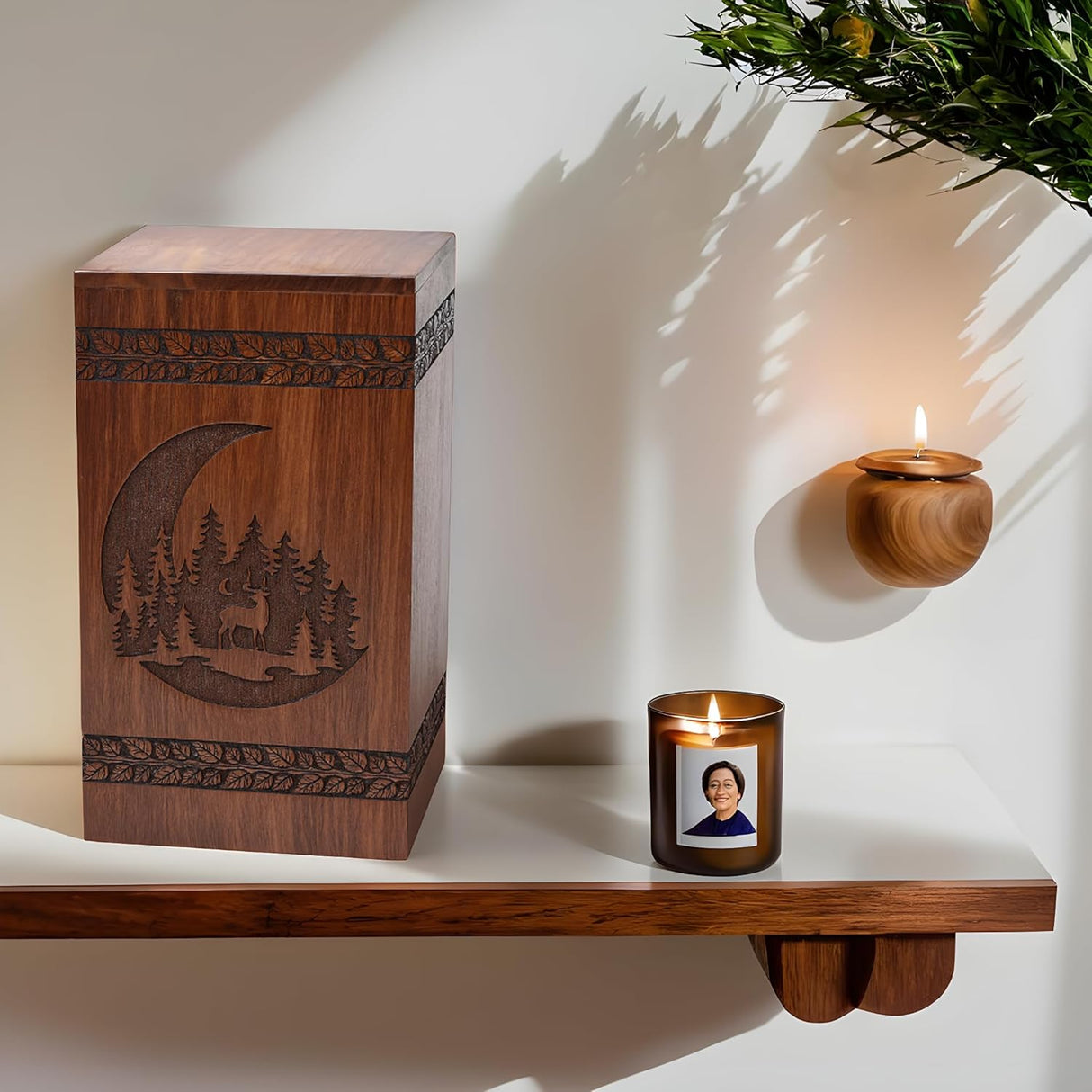 Handcrafted Rosewood Urn for Human Ashes - Beautifull Moon and Deer Tree Wooden Box Cremation Pets Handmade Burial Loving Memories (Rosewood, L(11.25X6.25”)250CU) (Moon-09)