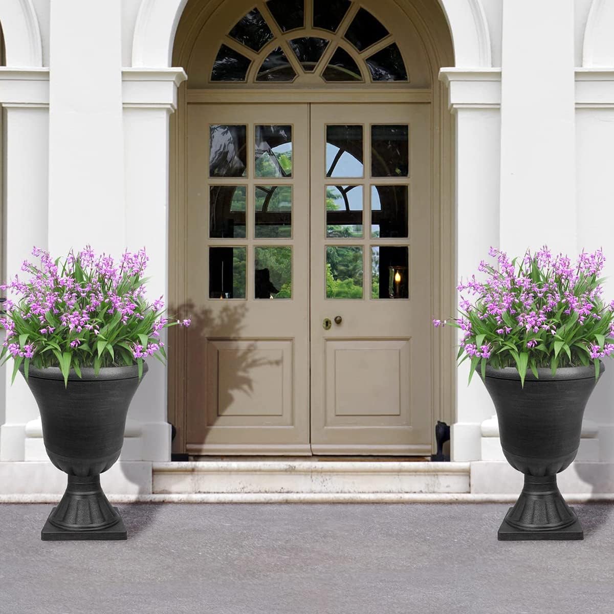 Worth Garden 2-Pack Plastic Urn Planters for Outdoor Plants, 22'' Black Tall Round Classic Resin Traditional Flower Pots - 15 in. Dia. Large Imitation Stone Decorative Pot Patio Deck Front Porch