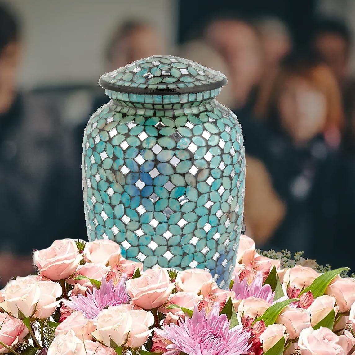 Mosaic Glass Cremation Urn - Hand Made Funeral Urn for Human Ashes - Large Adult Size Burial Urn - Hand Applied Individual Tiles Create a one of a Kind Work of Art - 200 cu in (Blue)