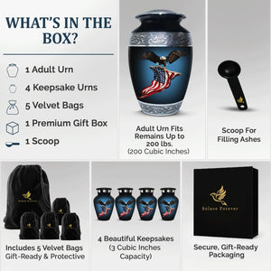 Cremation Urn for Ashes Adult Male - Hand Engraved Funeral Memorial Urns - Featuring 1 American Flag Large Urn with 4 Matching Small Urns with Bags (Black, Set of 5)