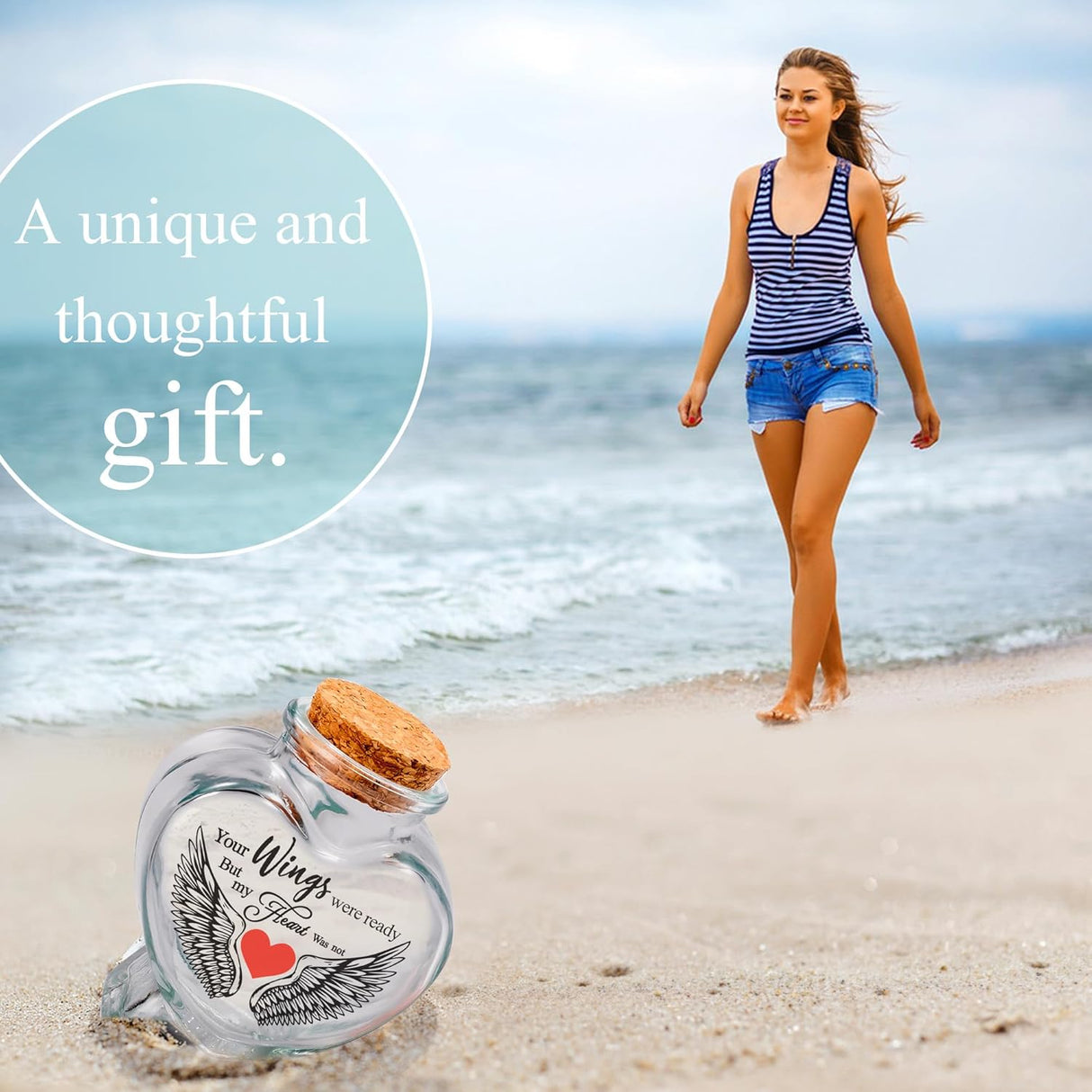 Heart Glass Urns for Ashes - Set of 2 - Sand Jar 'Your Wings Were Ready My Heart Was Not' Small Keepsake Urns for Human, Pet - Tree of Life Memorial Holder