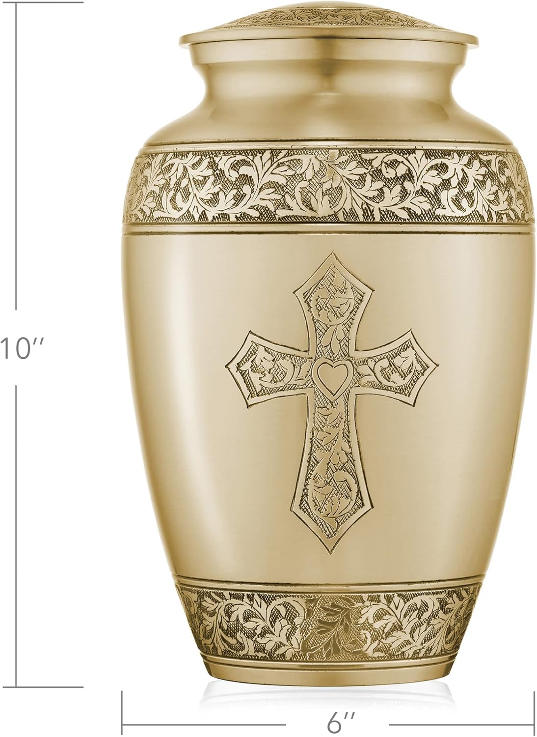 Reminded Adult Cremation Memorial Urn for Human Ashes, Gold Etched Cross Brass Funeral Urn with Velvet Bag