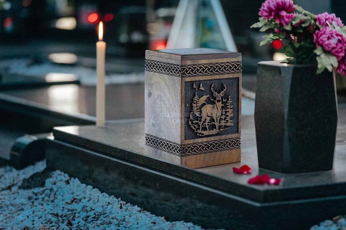 Deer Wooden Urn,Handmade Rosewood Rectangular Urn, Hand Carved Deer and Tree Design, Male Female Ashes,Decorative Urn Size Small 40 Cubic Inches Keepsake