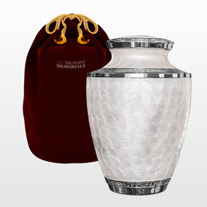 Trupoint Memorials Cremation Urn for Ashes for Women Female, Urns for Human Ashes Male, Engraved Mother of Pearl Funeral Urn for Adult Man, Silver Lining Large White