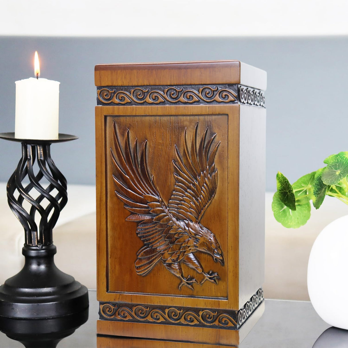 Urns for Wooden, Cremation Urns for Human Ashes Adult - Hand Engraving Bald Eagle - Funeral Urn for Mother/Father - Display Burial at Home or in Niche at Columbarium (Large Wood Decorative Urn