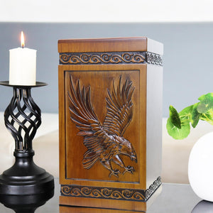 Urns for Wooden, Cremation Urns for Human Ashes Adult - Hand Engraving Bald Eagle - Funeral Urn for Mother/Father - Display Burial at Home or in Niche at Columbarium (Large Wood Decorative Urn