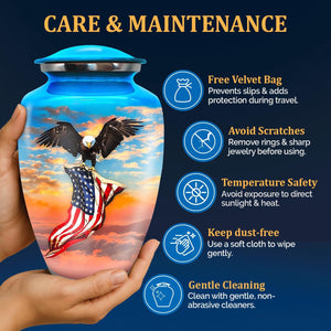 Urn for Ashes Adult Male - Patriotic Cremation Urns for Human Ashes Adult Man with Eagle & American Flag Designs - Elegant Memorial Urns for Veterans, Dad, or Husband (Denim Blue, Large)