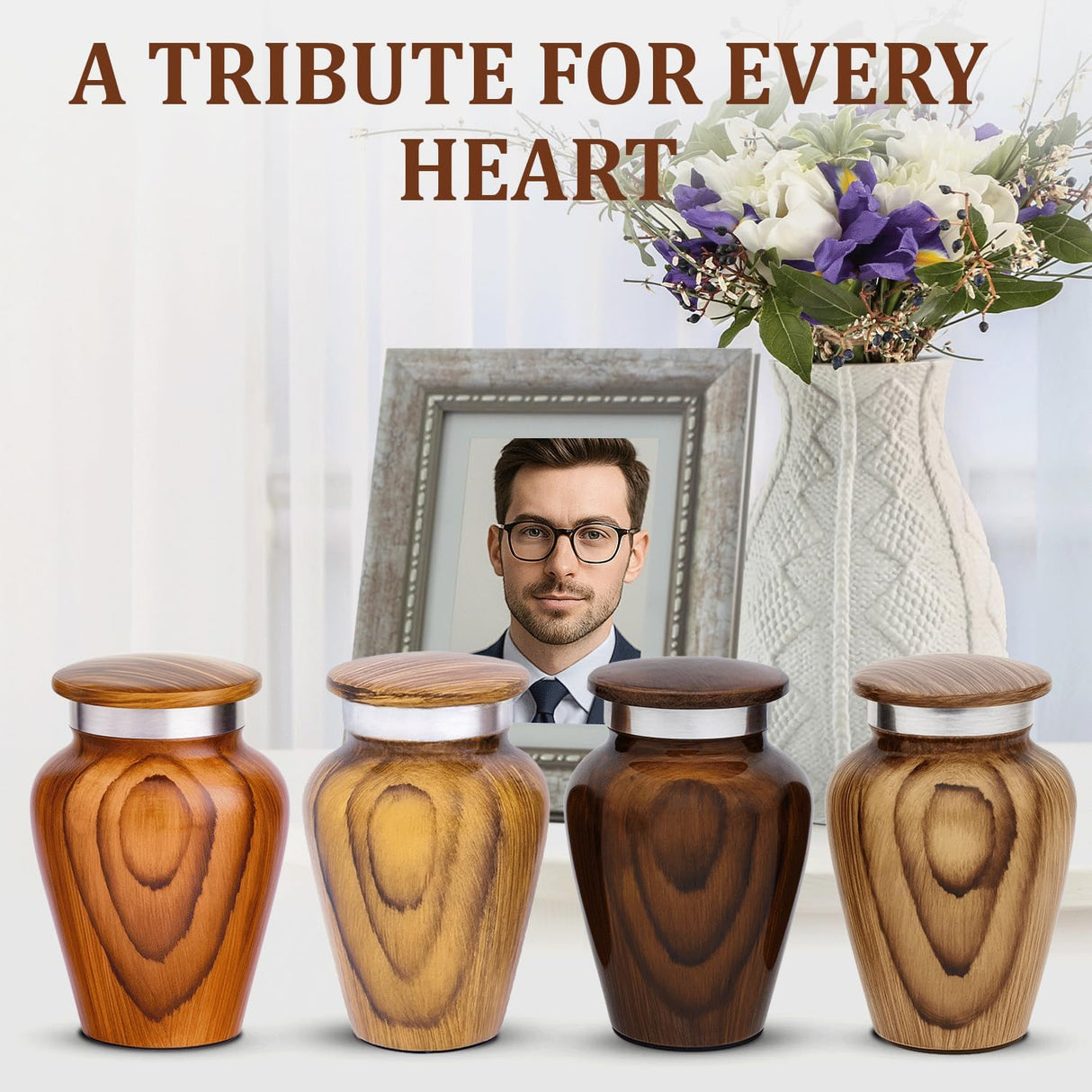 Metallic Wooden Print Small Urns for Human Ashes Keepsake - Mini Urn for Ashes Adult Male & Female - Keepsake Urns Set - Honor Your Loved One with Funeral Memorial Urn (Wooden, Set of 4)