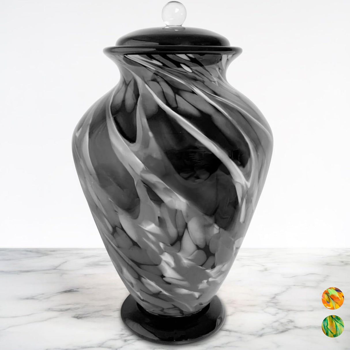 Hand Blown Glass Modern Urn for Ashes Adult Male – Large Cremation Urns for Human Ashes – Memorial Funeral Urn for Men & Women, Home Display, or Burial (Black/Silver, Adult)