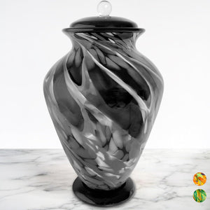 Hand Blown Glass Modern Urn for Ashes Adult Male – Large Cremation Urns for Human Ashes – Memorial Funeral Urn for Men & Women, Home Display, or Burial (Black/Silver, Adult)
