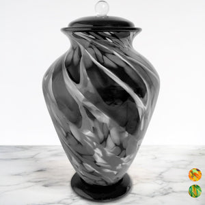 Hand Blown Glass Modern Urn for Ashes Adult Male – Large Cremation Urns for Human Ashes – Memorial Funeral Urn for Men & Women, Home Display, or Burial (Black/Silver, Adult)