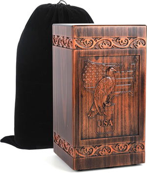 Extra Large Wooden Urns for Human Ashes Adult Man, Military and Patriotic Cremation Urns for Human Ashes with Eagle & American Flag Designs, Decorative Urns for Mom, Eagle Urn