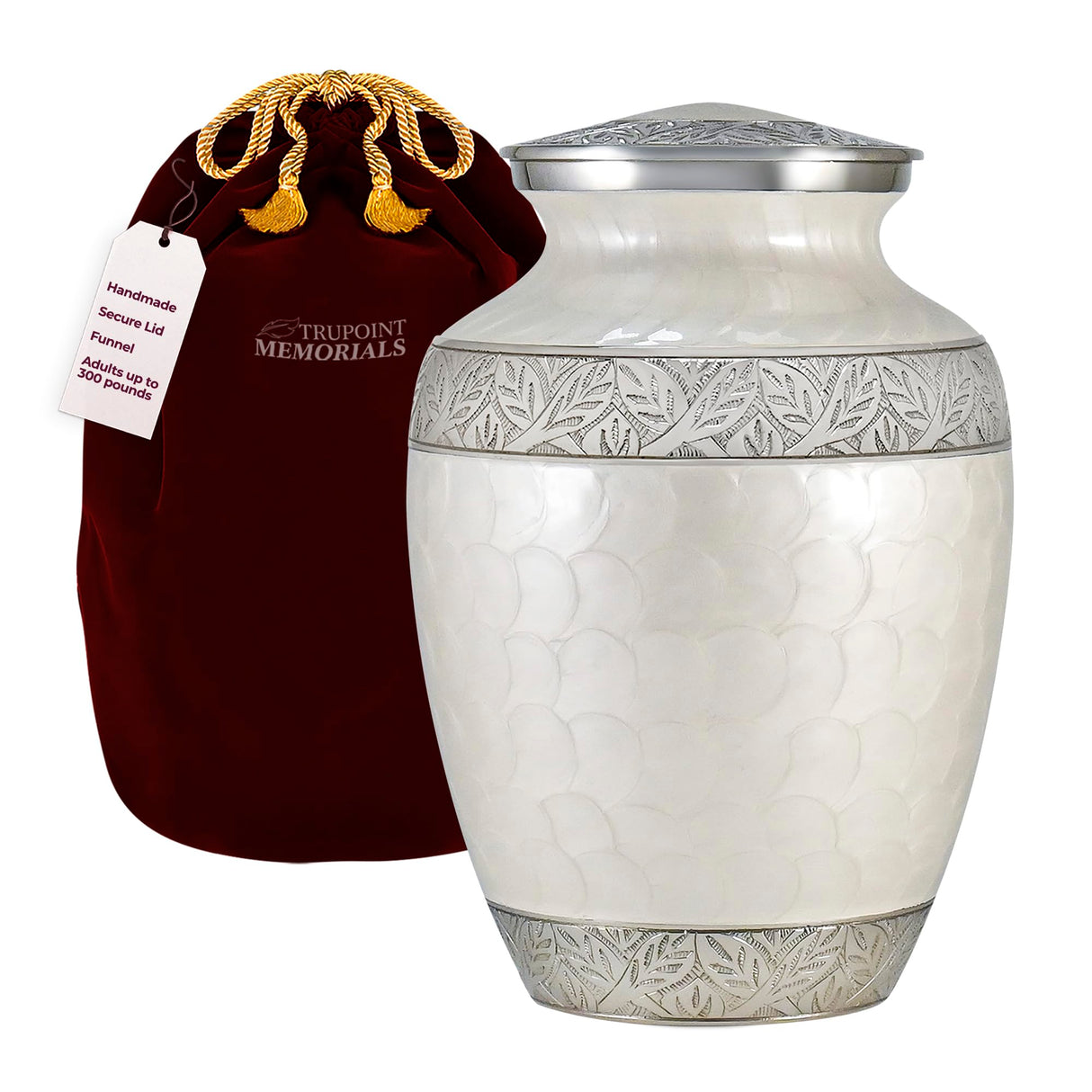 Trupoint Memorials Cremation Urn for Ashes for Women Female, Urns for Human Ashes Male, Engraved Mother of Pearl Funeral Urn for Adult Man, Silver Lining Large White