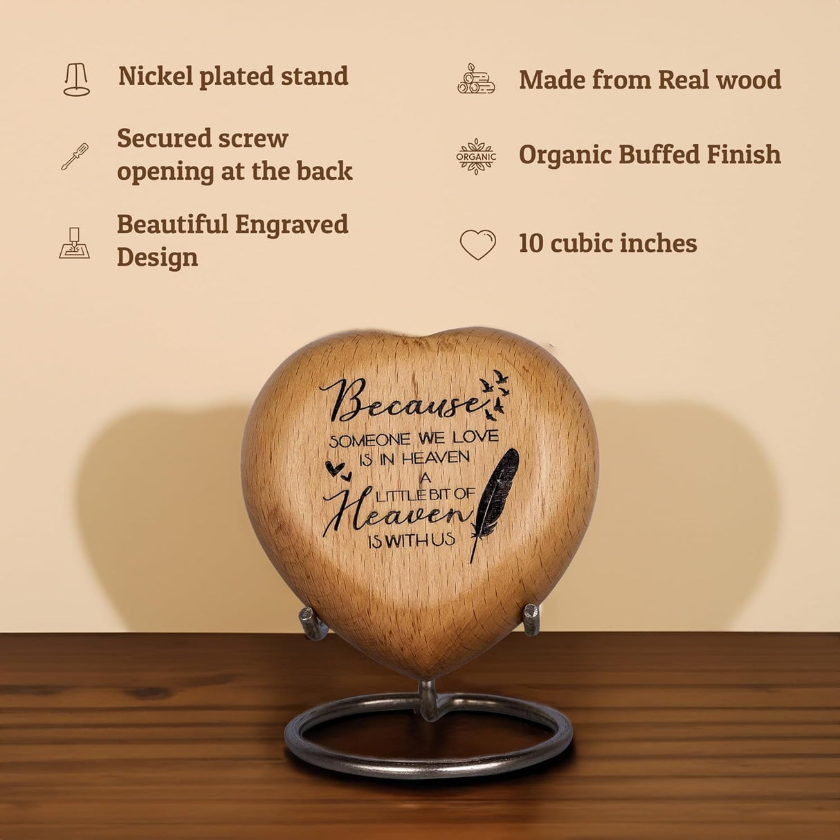 Wooden Heart Keepsake Urns For Human Ashes Adult Male, Female - Cremation Urn Small Mini Decorative Funeral, Urns for Mom, Dad, Men, Infant, Child - Because Someone We Love is in Heaven