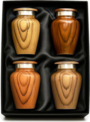Metallic Wooden Print Small Urns for Human Ashes Keepsake - Mini Urn for Ashes Adult Male & Female - Keepsake Urns Set - Honor Your Loved One with Funeral Memorial Urn (Wooden, Set of 4)