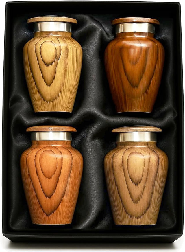 Metallic Wooden Print Small Urns for Human Ashes Keepsake - Mini Urn for Ashes Adult Male & Female - Keepsake Urns Set - Honor Your Loved One with Funeral Memorial Urn (Wooden, Set of 4)