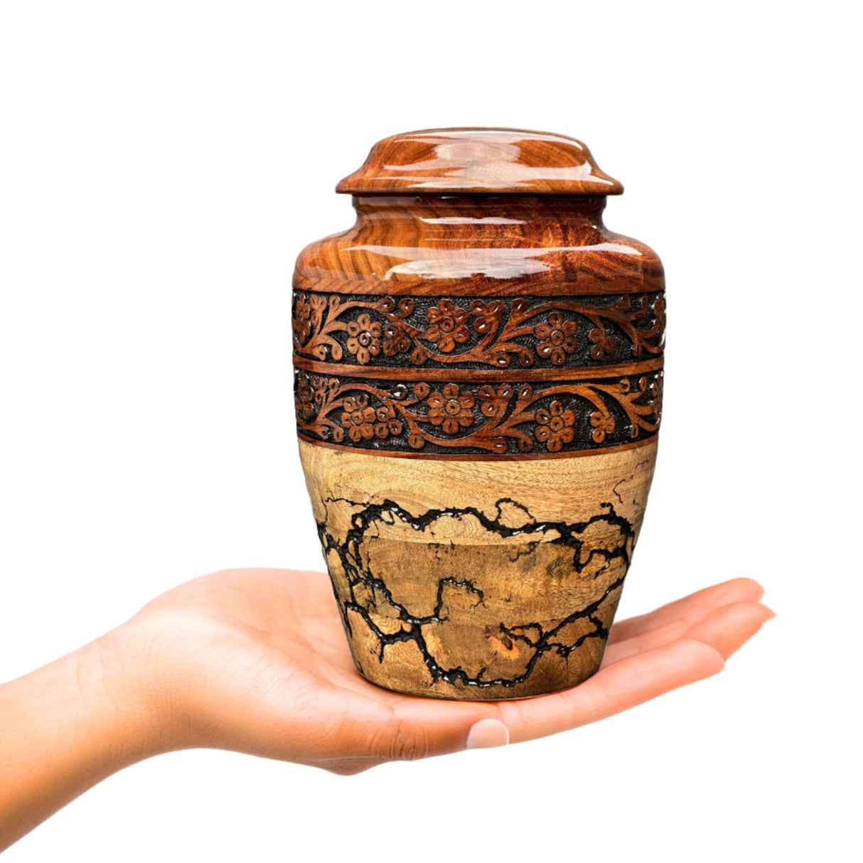 Wooden Cremation Urn for Human Ashes Handcrafted Urn for Adult Men & Women Memorial Urn for Ashes Decorative Burial & Funeral Urn (Hand Curving Border, Large 250lbs)