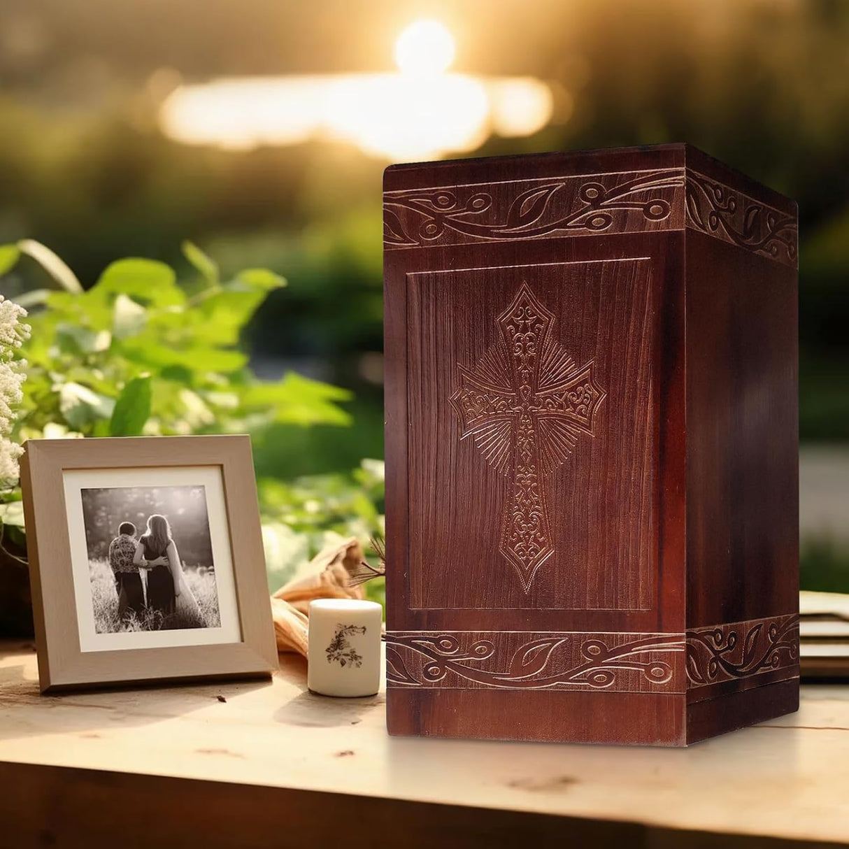 Wooden Cremation Urn for Human Ashes,Wooden Carved Cross Cremation Urns,Holds 250 Cubic Inches,Cat and Dog Pet Urns,Decorative Funeral Urn Box and Casket