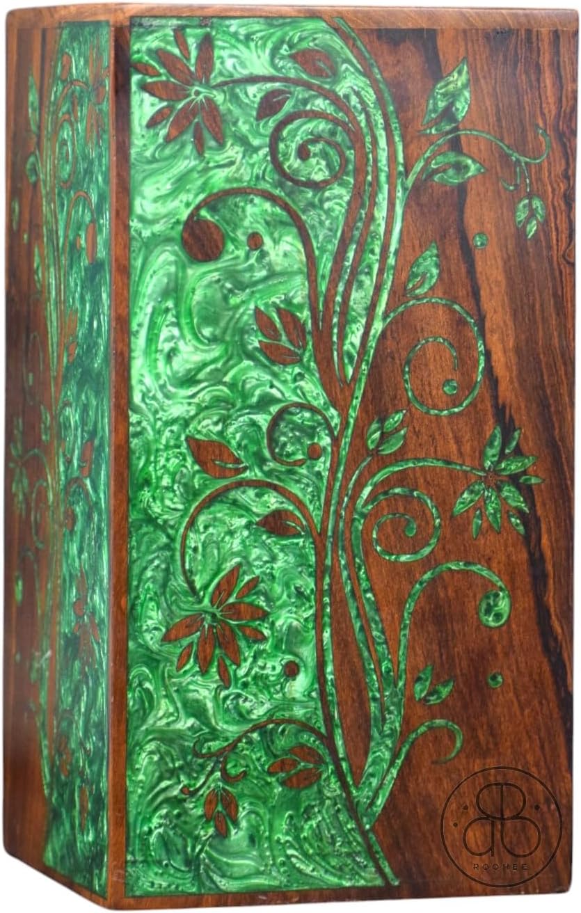 Handcrafted Rosewood Urn Box with Double Side Resin | Memorial Keepsake Box | Funeral Cremation Urn for Ashes | Custom Engraved Urn (8"x5"(110Cu/in))