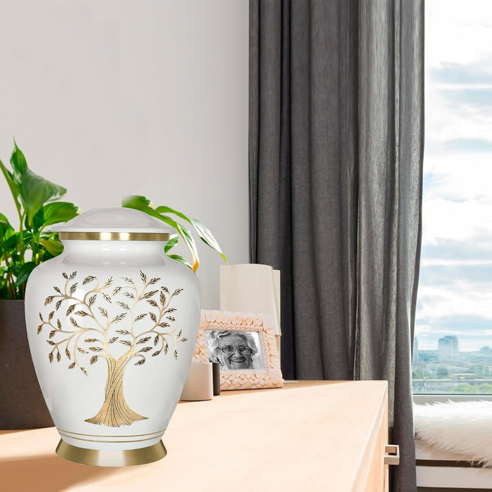 Trupoint Memorials Cremation Urns for Human Ashes, Tree of Life Decorative Burial Urn for Adult Men and Women, Large White