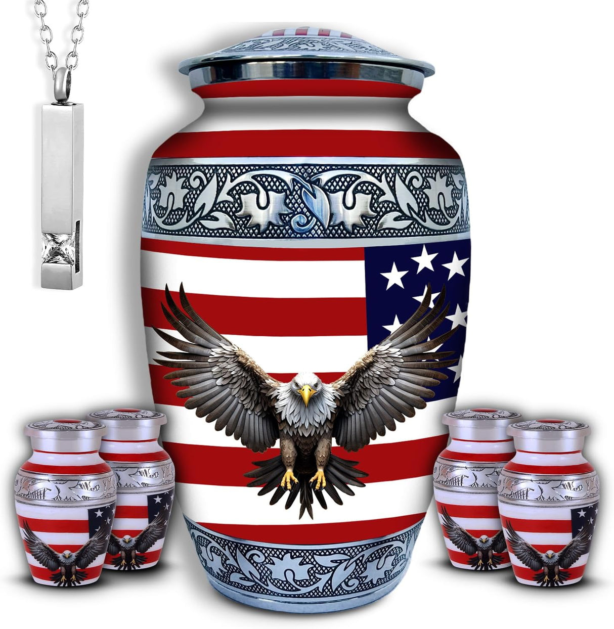Set of 6 American Flag Decorative Cremation Urns for Ashes Adult Male & Female Includes 1 Large Urn with 4 Small Keepsakes & 1 NecklaceUrn for Human Ashes
