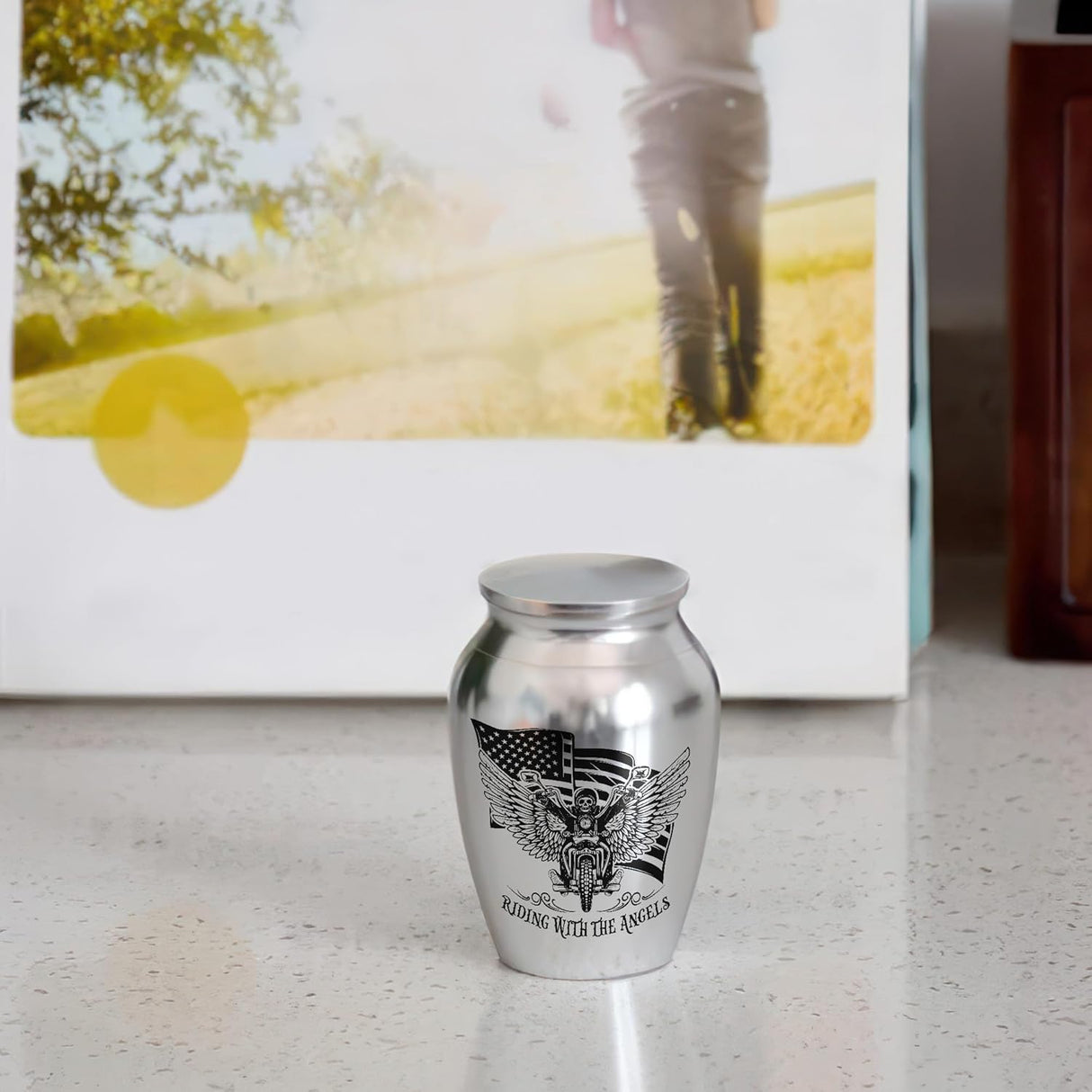 Artsy Woodsy Mini Stainless Steel Decorative Keepsake Urns for Ashes 2.56 Inch - Memorial Motorcycle Riding With The Angels, for Human Male/Dad/Men/Son Riders