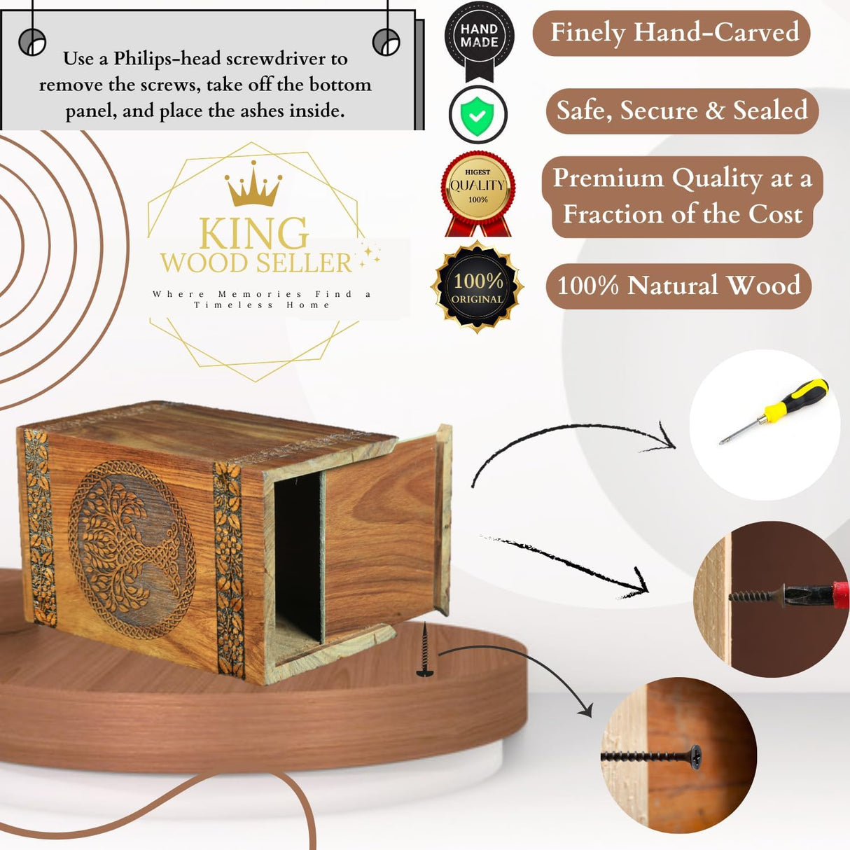 Wooden Cremation Urn for Ashes - Tree of Life Urns, Elegant Funeral and Memorial Urn for Adults, Children, Pets, and Loved Ones, Keepsake Urns for Smaller Remembrances (Medium 180 Cubic inches)