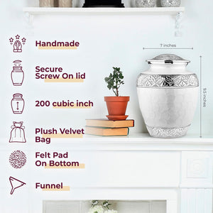 Trupoint Memorials Cremation Urn for Ashes for Women Female, Urns for Human Ashes Male, Engraved Mother of Pearl Funeral Urn for Adult Man, Silver Lining Large White