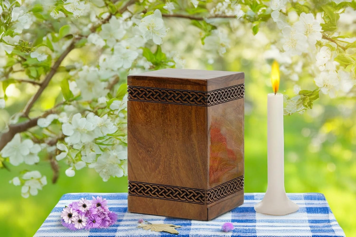 Deer Wooden Urn,Handmade Rosewood Rectangular Urn, Hand Carved Deer and Tree Design, Male Female Ashes,Decorative Urn Size Small 40 Cubic Inches Keepsake