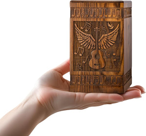 INTAJ Small Wooden Cremation Urns for Human Ashes Adult Male 20 Cubic Inches - Keepsake Urn for Ashes for Women & Men - Angel Wings Guitar Design, Wooden Carved Urn Box, Suitable for Burial & Funeral