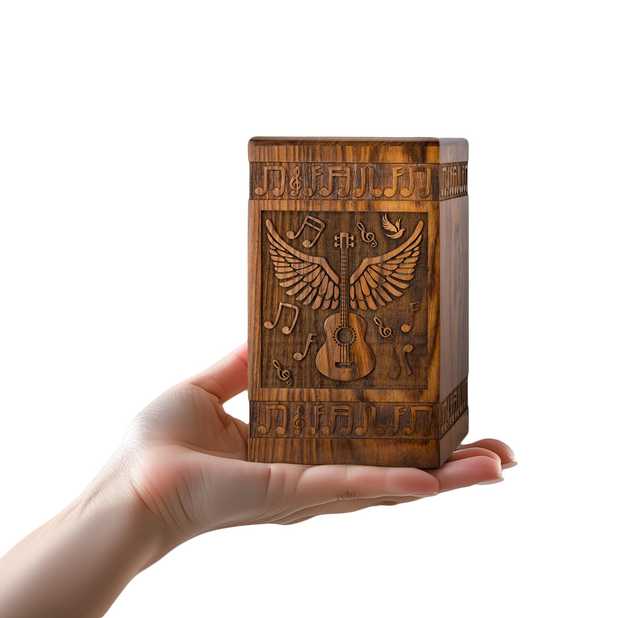 INTAJ Small Wooden Cremation Urns for Human Ashes Adult Male 20 Cubic Inches - Keepsake Urn for Ashes for Women & Men - Angel Wings Guitar Design, Wooden Carved Urn Box, Suitable for Burial & Funeral