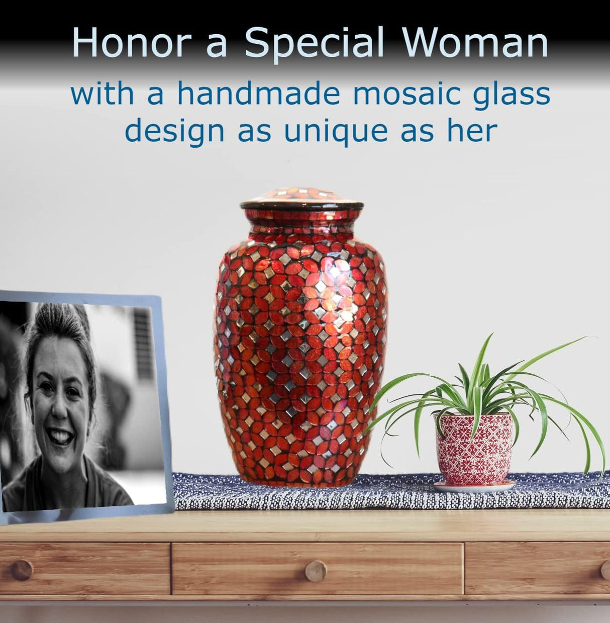 Mosaic Glass Cremation Urn - Hand Made Funeral Urn for Human Ashes - Large Adult Size Burial Urn - Hand Applied Individual Tiles Create a one of a Kind Work of Art - 200 cu in (Red)