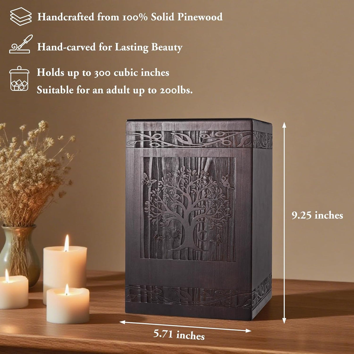 Abooxiu Cremation Urns for Human Ashes Adult Male Female, Wooden Tree of Life Medium Keepsake Urns for Ashes, Burial Funeral Memorial Decorative Urns for Men Women Pets Dog Urn- Up to 200 lbs