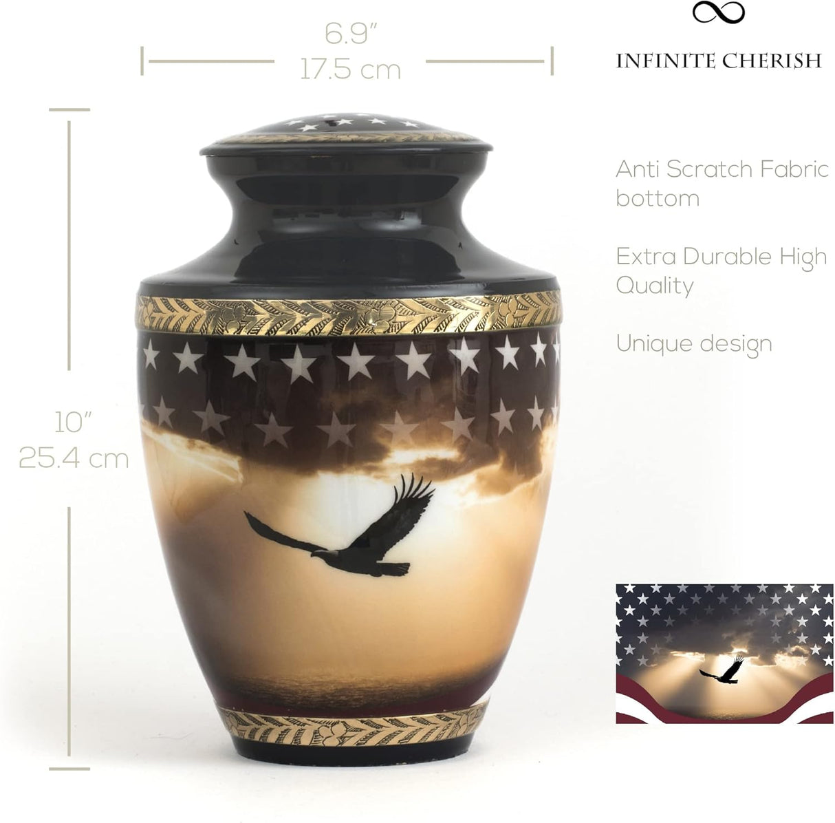 Patriotic Cremation Urn for Human Ashes Adult Male, Navy Blue Funeral American Veteran Cremation Vessel for Men, Designed and Handcrafted in Brass with Care, Military Burial Decorative Ewer