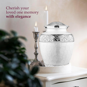 Trupoint Memorials Cremation Urn for Ashes for Women Female, Urns for Human Ashes Male, Engraved Mother of Pearl Funeral Urn for Adult Man, Silver Lining Large White