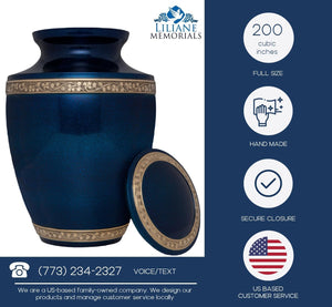 Blue Funeral Cremation Urn for Human Ashes - Hand Made in Brass - Suitable for Cemetery Burial or Niche - Large Size fits Remains of Adults up to 200 lbs - Torino Model