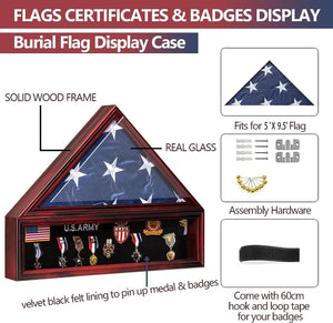 Large Military Shadow Box Solid Wood Burial Flag Display Case for American Veteran Flag Display Fit a Folded 5'x9.5' Flag Military Flag Display Case, Mahogany Finish
