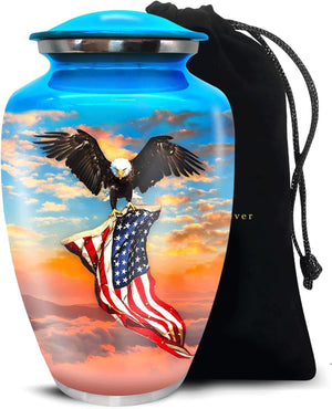 Urn for Ashes Adult Male - Patriotic Cremation Urns for Human Ashes Adult Man with Eagle & American Flag Designs - Elegant Memorial Urns for Veterans, Dad, or Husband (Denim Blue, Large)