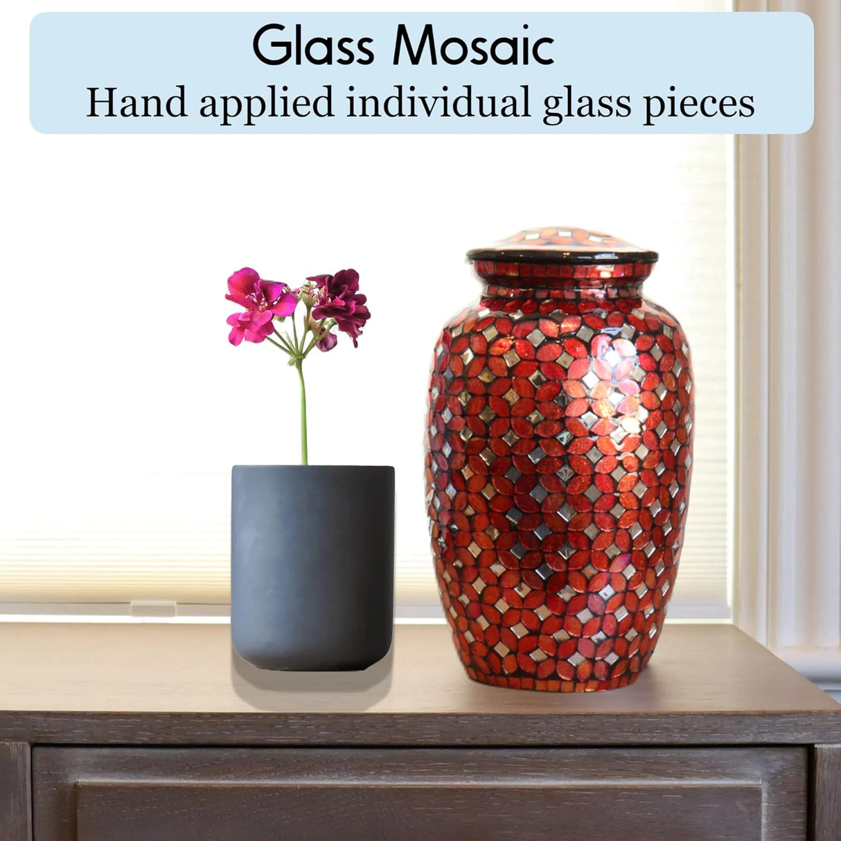 Mosaic Glass Cremation Urn - Hand Made Funeral Urn for Human Ashes - Large Adult Size Burial Urn - Hand Applied Individual Tiles Create a one of a Kind Work of Art - 200 cu in (Red)