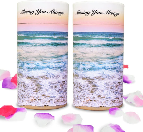 Set of 2 Biodegradable Scattering Tube Urn for Ashes, 40 lbs ECO Small Spreading Cremation Paper Urn for Human Male Female Adult Pet Dog Cat Ashes, Including Canvas Pouch(Ocean Sunset)