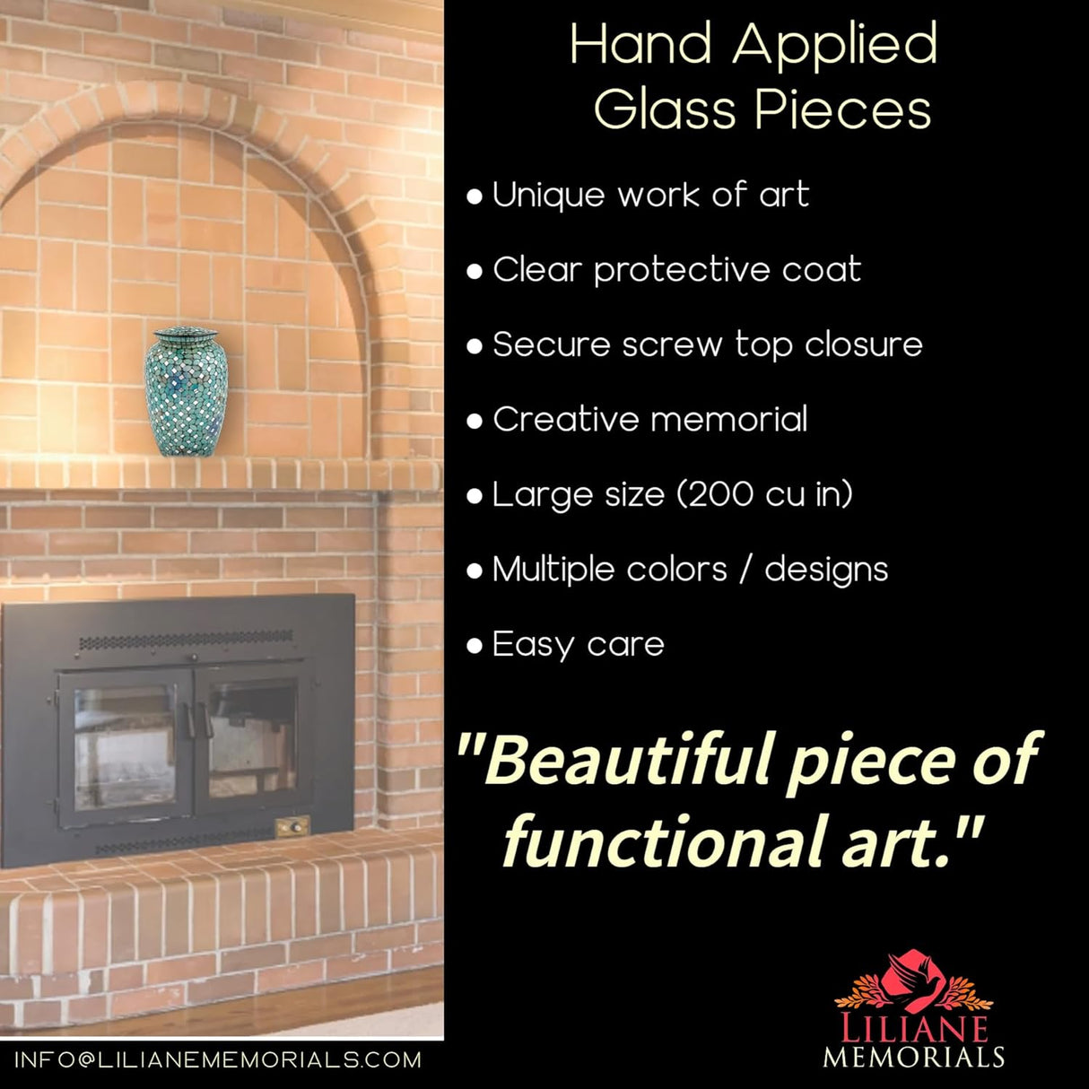 Mosaic Glass Cremation Urn - Hand Made Funeral Urn for Human Ashes - Large Adult Size Burial Urn - Hand Applied Individual Tiles Create a one of a Kind Work of Art - 200 cu in (Blue)