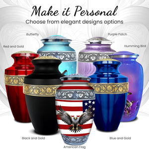 Set of 6 American Flag Decorative Cremation Urns for Ashes Adult Male & Female Includes 1 Large Urn with 4 Small Keepsakes & 1 NecklaceUrn for Human Ashes