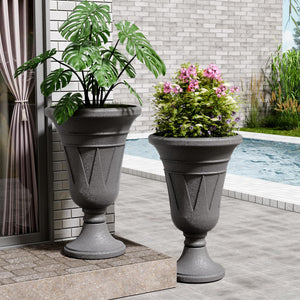23" Tall Plastic Urn Planter (2-Pack) – Planters for Outdoor Plants with Drainage Holes & Trophy Design, Heavy-Duty Classic Indoor Large Flower Pots for Home Garden, Front Porch & Decor, Black