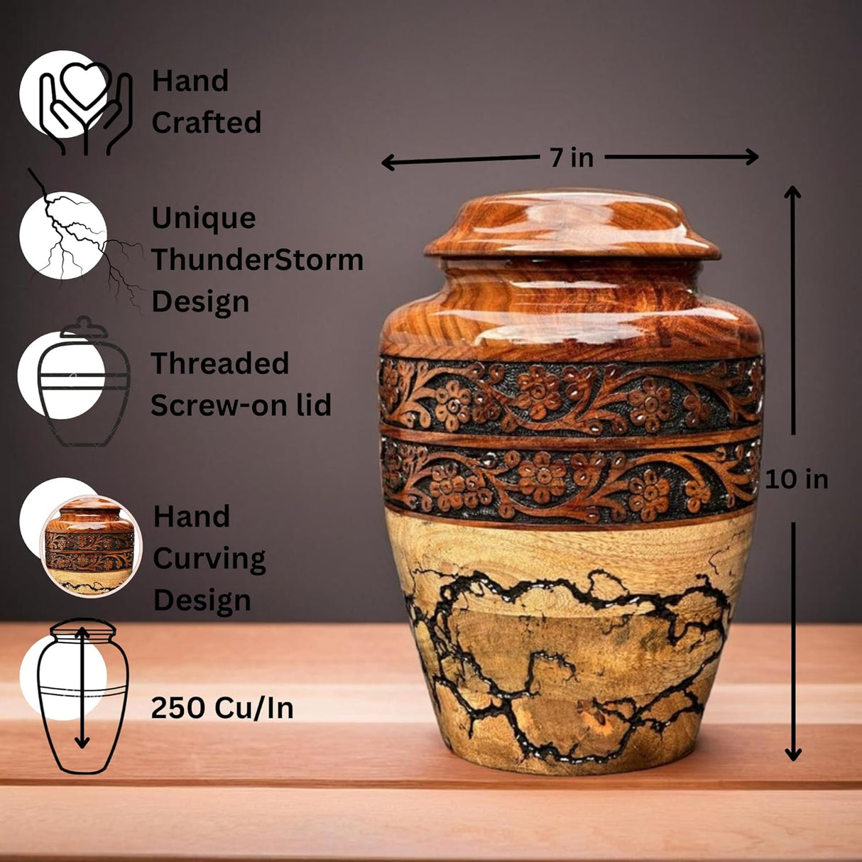 Wooden Cremation Urn for Human Ashes Handcrafted Urn for Adult Men & Women Memorial Urn for Ashes Decorative Burial & Funeral Urn (Hand Curving Border, Large 250lbs)