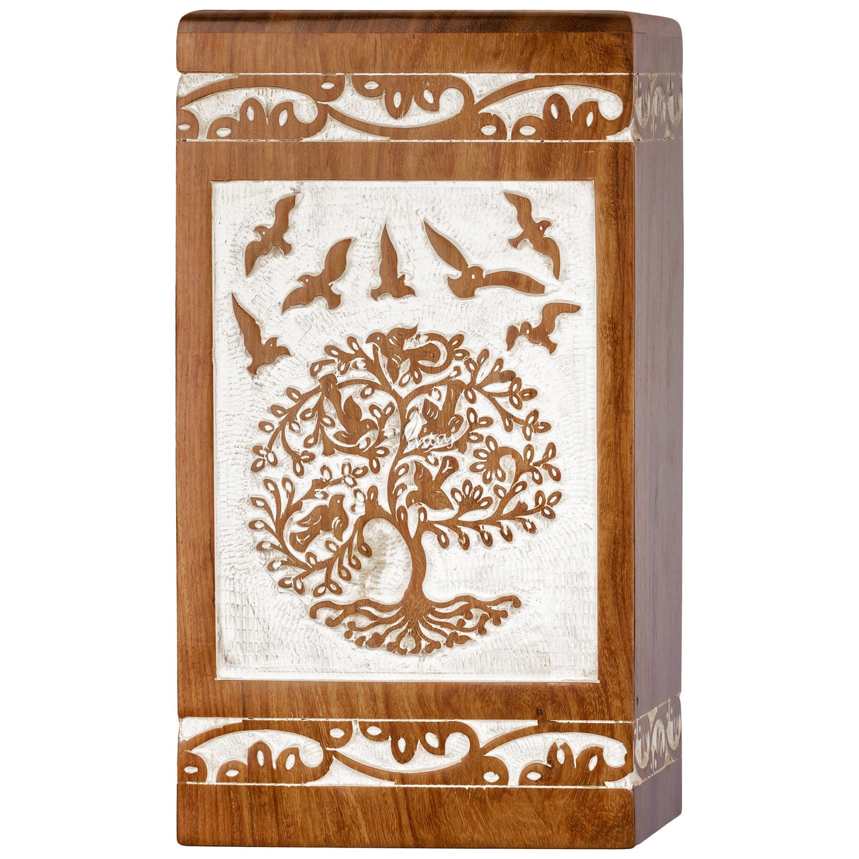 INTAJ Cremation Urns for Ashes – Companion Wooden Tree of Life Urn Box and Casket for Human Ashes of Men, Women, Child, or Pets (Cat/Dog) – Memorial Burial Funeral Urns – Holds 640 Cubic Inches