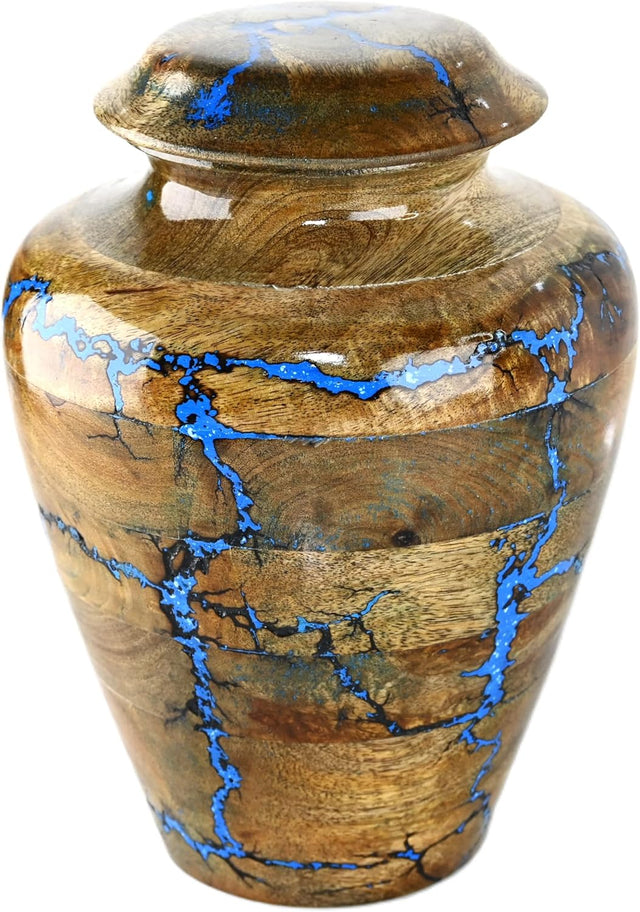 Solid Hand Turned Wooden Urns for Human Ashes Male/Female - Cremation Urns for Men/Women, Blue Decorative Urns for Ashes, Funeral Urns for Adults | X-Large (8x8x11, 250 lbs or 111.39 kg)
